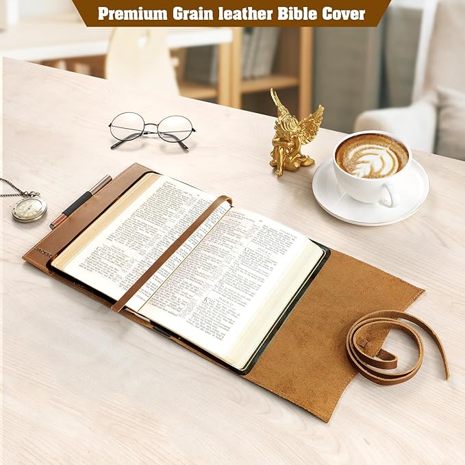 Jack&Chris Leather Bible Cover, Leather Book Cover for Men and Women, Bible Holder Strap Bible Cover Gifts, JC61-7M