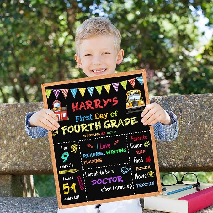 First Day of School Sign - 14" X 11" Double-Sided Board With Frame for Kids - Chalkboard for First & Last Day, Back to School Supplies for Preschool Kindergarten 1st Grade