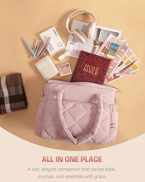 Marscamd Puffer Bible Bag with Crossbody Strap and Water Bottle Pockets, Quilted Bible Tote Church Bag for Women