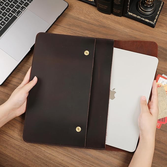 Leather Tablet Sleeve - 12.9 Inch iPad Sleeve, Document Holder Folio File Holder, Genuine Leather Case for Protection and Style-Dark Brown-Custom