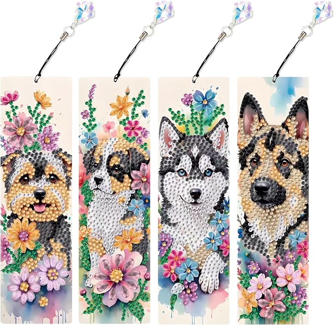 Dog Diamond Art Bookmarks for Adults, 4 PCS Dog Diamond Painting Bookmarks with Pendant, 5D Gem Art Bookmark, Acrylic Bookmark DIY Crafts for Books Decor Gift