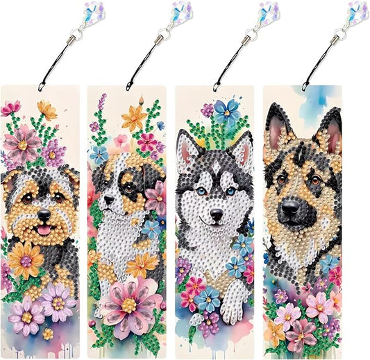 Dog Diamond Art Bookmarks for Adults, 4 PCS Dog Diamond Painting Bookmarks with Pendant, 5D Gem Art Bookmark, Acrylic Bookmark DIY Crafts for Books Decor Gift