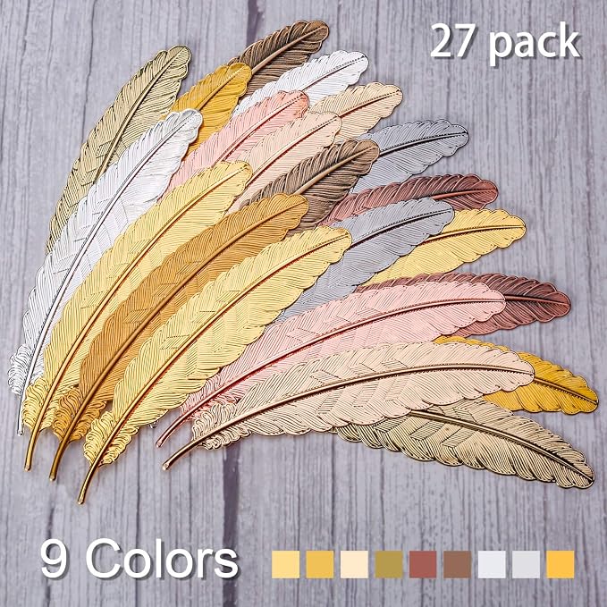 Tatuo 27 Pcs Metal Feather Bookmark Vintage Feather Shape Bookmark Colorful Feathers Metal Book Marker for Readers Book Lovers(Classic Styles)