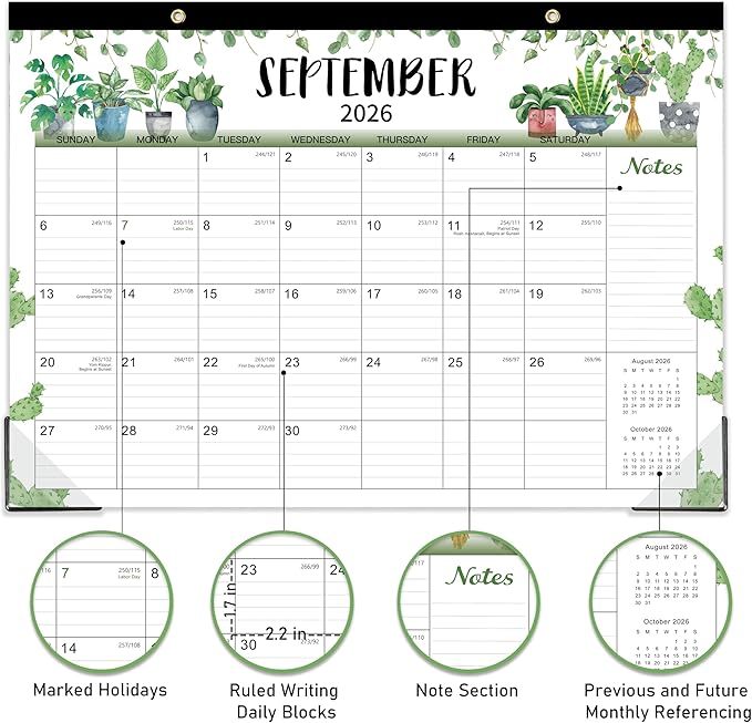 Desk Calendar 2026-2027 - 2026-2027 Desk Calendar, 18 Monthly Desk/Wall Calendar 2-in-1, 17" x 12", July 2026 - December 2027, Thick Paper with Corner Protectors, Large Ruled Blocks - Plants