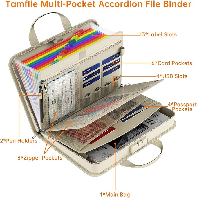 Fireproof Accordion File Organizer with Lock, 5200℉ Document Organizer | Thickened, 13 Colorful Pocket, with Zipper & Labels, Important Document Organizer, Expanding File Folder, with Handle, Black