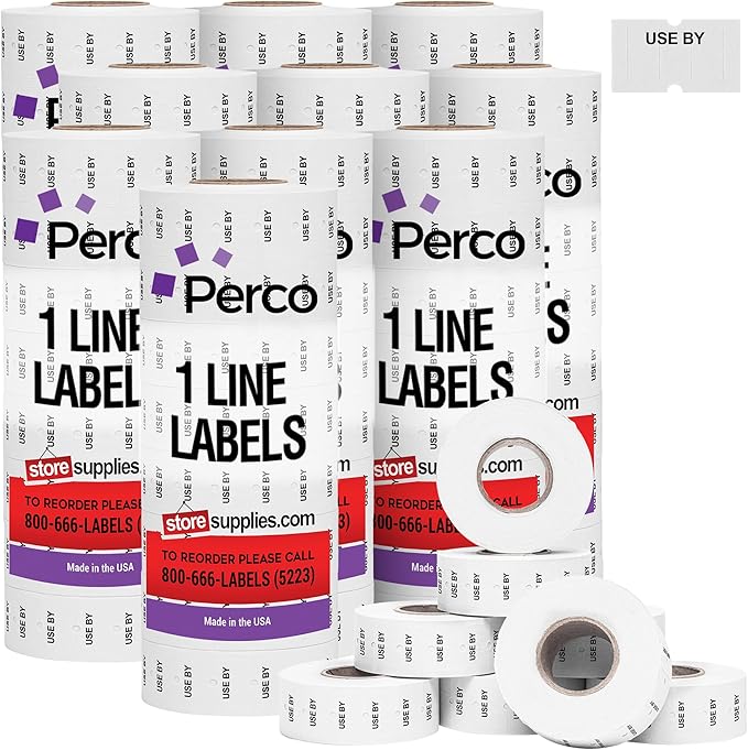 Perco 1 Line USE BY Labels - 80 Rolls, 10 Sleeves, 80,000 Blank Date Gun Labels for Perco 1 Line Date Guns - Made in USA