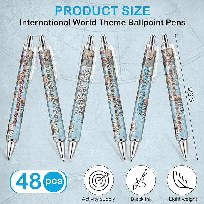 Cholemy 48 Pcs Travel Map Pen Bulk Airplane Baby Shower Favors Inspirational Pens Adventure Awaits Retractable Ballpoint Pen Black Ink Travel Baby Shower Gifts for Guests School Supply