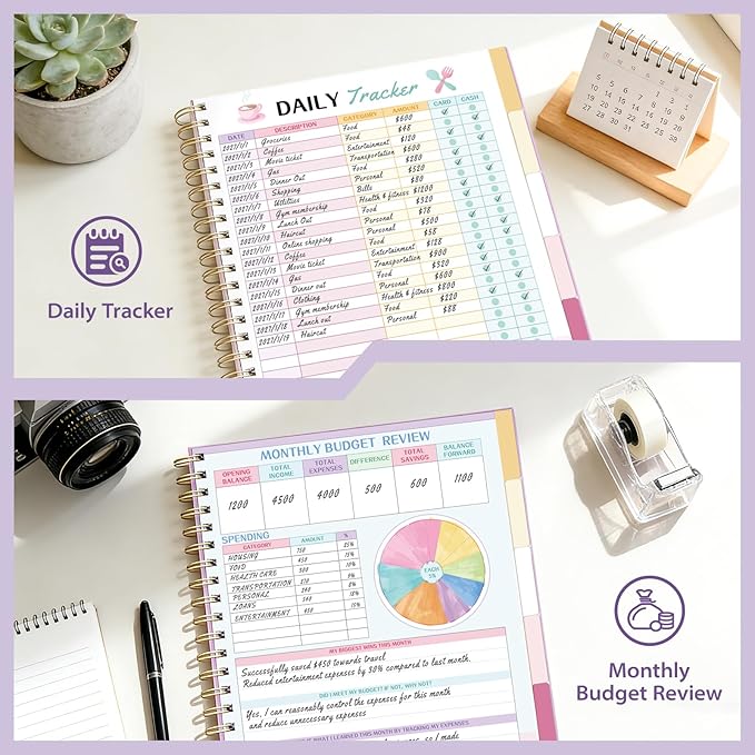 Ospelelf Budget Planner Undated, Money Expense Tracker with Pocket & Stickers, Thick Cardboard Cover, Large Pages for Spacious Writing, Original Fun Colorful Design, 12 Month Financial Notebook, Purple Floral