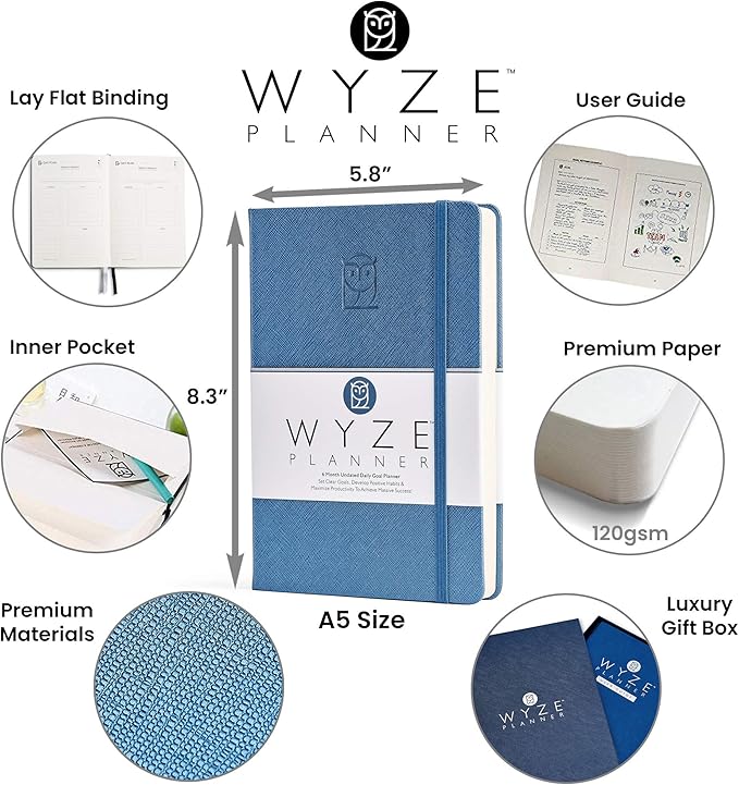 Wyze Planner Undated Daily Planner – 6-Month A5 Productivity Organizer with Full Page Per Day, Hourly Schedule, Goal Setting, Habit Tracker, Weekly & Monthly Pages – Hardcover Time Management Notebook (Blue)