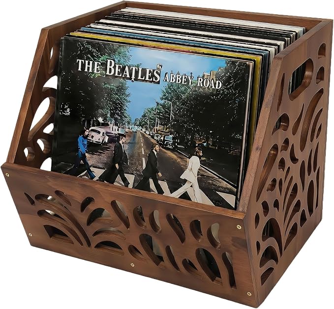 Vinyl Record Storage Box 60+ LP Record Holder Crate, Vinyl Organizer Storage Rack for Album Storage, Chestnut Vintage Finish Home Decor