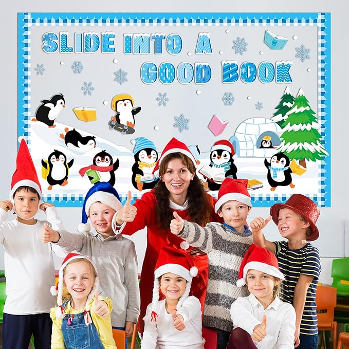 Winter Penguin Reading Bulletin Board Set Winter Christmas Library Classroom Decorations Books Snowflake Paper Cutout Blue Bulletin Board Border for Xmas Holiday School Wall Decor Teacher Supplies