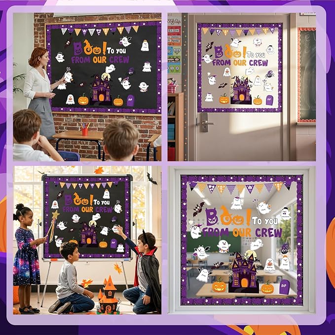 112pcs Halloween Bulletin Board Decoration Set Cute Ghost Name Tag Paper Cutouts Pull the Flag Pumpkin Bat Spider Tombstone Ghost House Cut Outs for Halloween School Home Office Wall Decor