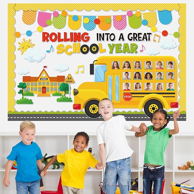 Funrous 89 Pcs Back to School Bulletin Board Set Yellow Bulletin Board Borders Yellow Bus Cutouts DIY Photo Crafts Rolling into a Great School Year Classroom Decor for Welcome Back Classroom Office