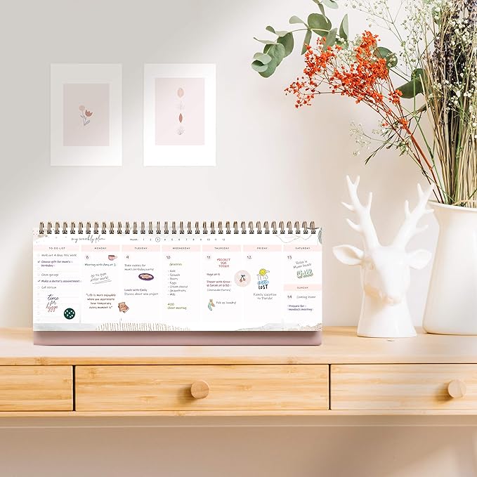 Pink Abstract Non-Dated Spiral Weekly Desk Calendar Planner, 60 Week Inspirational To Do List Pad Desktop Stand, 3.75" x 10.5", La Lune Collection by Bright Day