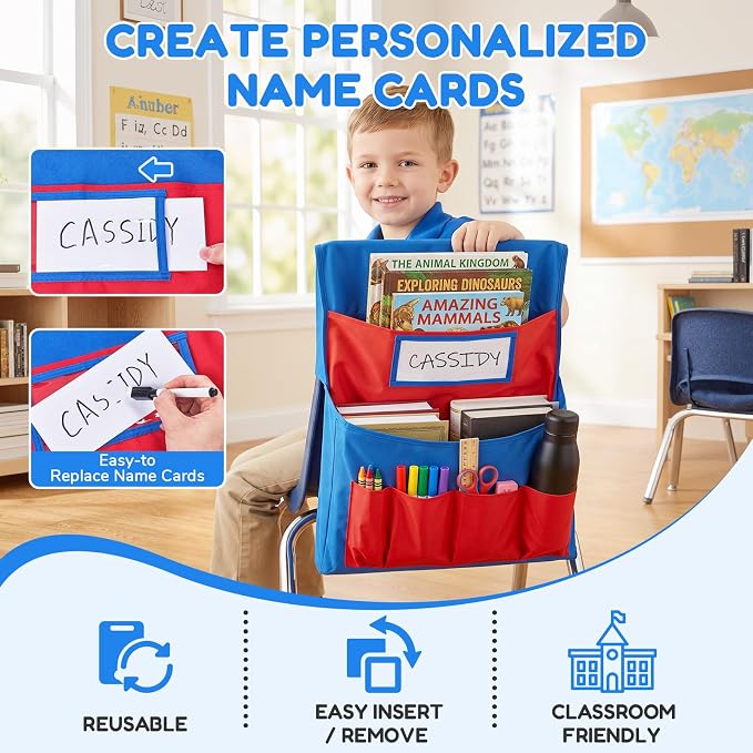 Joycat 12 Pack Classroom Chair Pockets for School, 6 Pocket Student Storage Organizer with Name Tag Holder, Colorful Chair Bags for Classroom & Homeschool Supplies