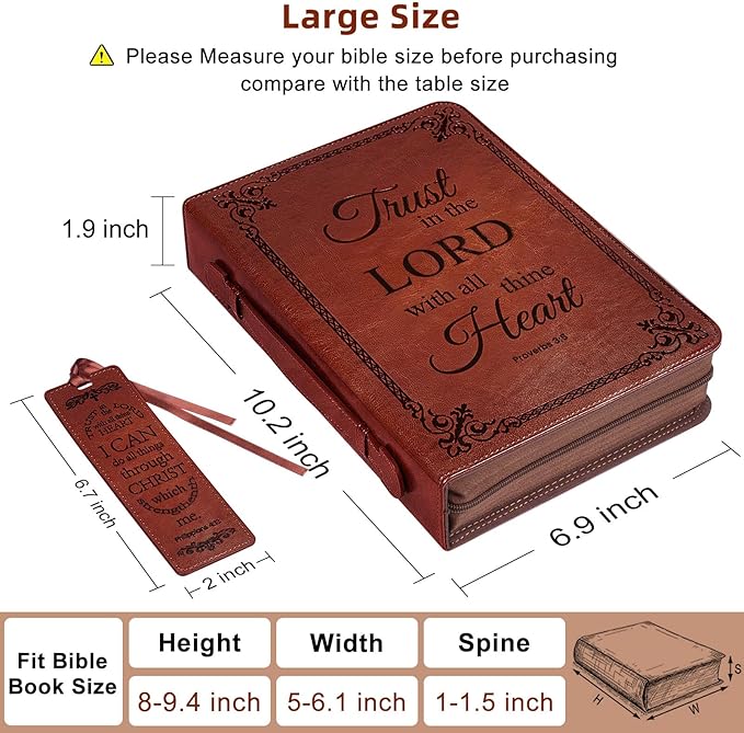 Large Bible Cover Case for Men Women, Mens Bible Covers Cases Leather Bible Cover Carrying Case for Women Men with Handle Zippered Bible Book Cover Holder Bag Case(Brown, L)