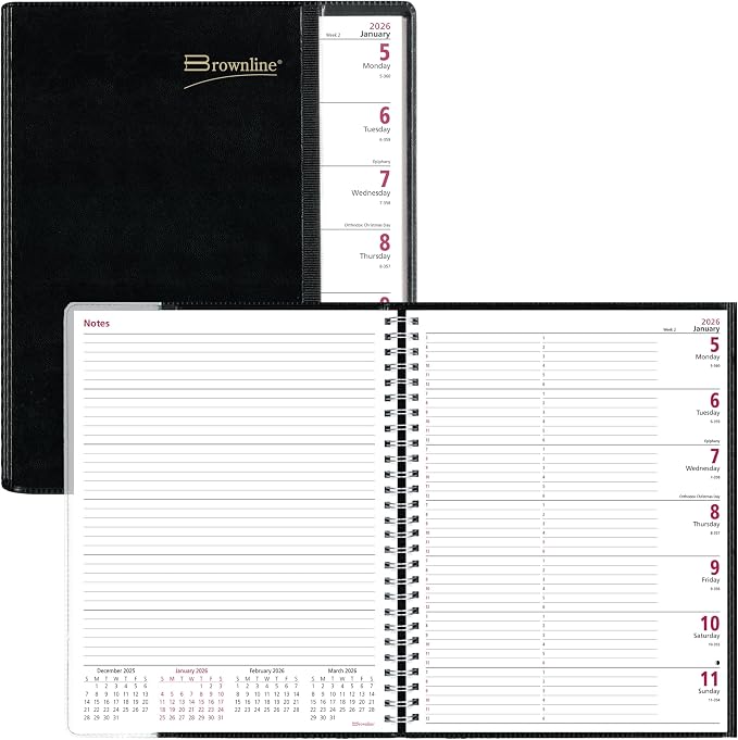 Brownline® 2026 Pre-Vu™ Weekly Planner, Tri-Fold Flexible Cover, Twin-Wire Binding, 11" x 8.5", Black (CB925.BLK-26)