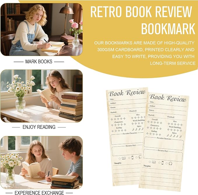 100 Pack Retro Book Review Bookmarks for Book Lovers Students Teachers Reading Tracker Note Pads Book Club Journal Cards Classroom Library Supplies Teacher Appreciation Gifts