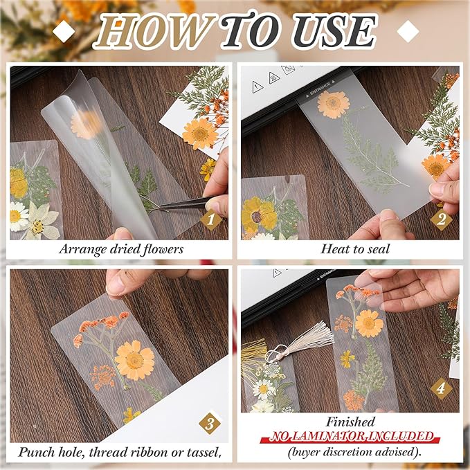 Fuyoooo 376 Pcs Dried Flower Bookmark Making Kit, DIY Bookmark Laminating Pouches with Tassels and Puncher, Handmade Craft Kit for Women, DIY Gifts for Book Lovers (Light Colors,2 x 6 Inch)