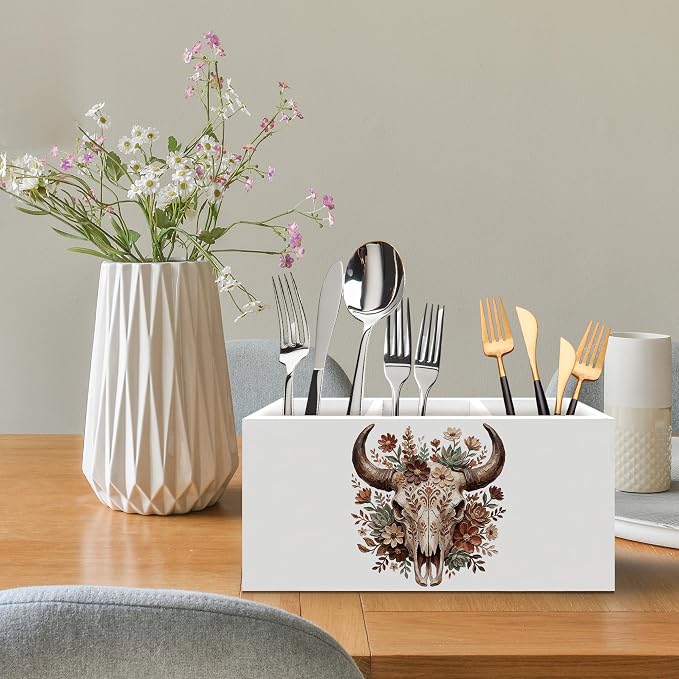 Boho Floral Western Bull Skull Pen Holder, Boho Western Office Pen Pencil Holder Organizer for Desk Accessories, Whimsical Bull Skull Wooden Box Desk Decor for Home Office Desk Decorations