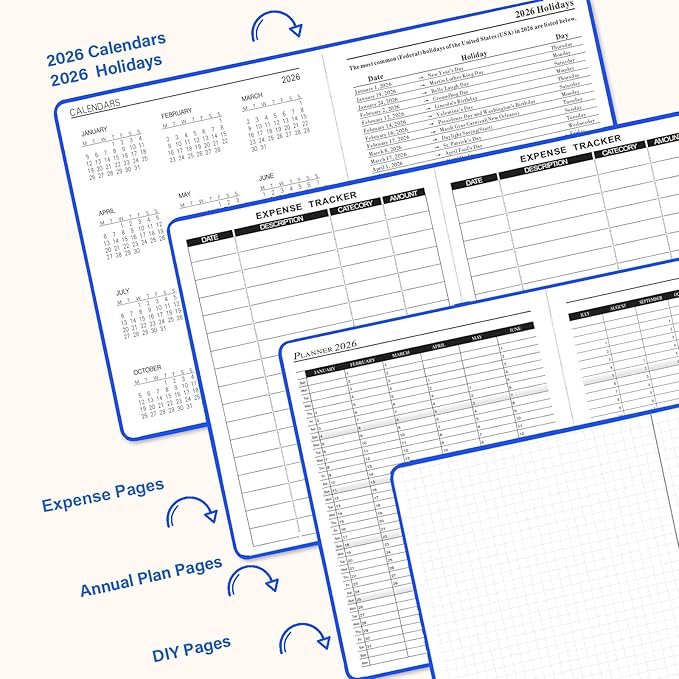 Daily Planner 2026, Calendar 2026 Agenda Planner Daily Journal Notebook 8.5"x5.8", January 2026 to December 2026, Faux Leather Cover (Navy Blue, 8.5"×5.75")