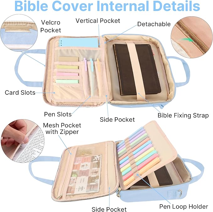 PUGPIU Bible Cover Case for Women, Large Quilted Bible Bag with Shoulder Strap and Handle, Bible Study Supplies Journaling Kit with Highlighters Pens No Bleed Tabs Notebook Cross Clips (Light Blue)