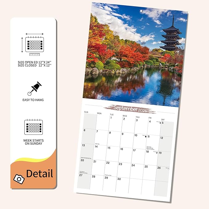 Wall Calendar 2026 Planner Calendar - Japan Hangable Monthly Wall Calendar with Large Blocks for Organizing & Planning, Academic Schedule, Home, Office & Family, Thick & Sturdy Paper (12"x24" Open)