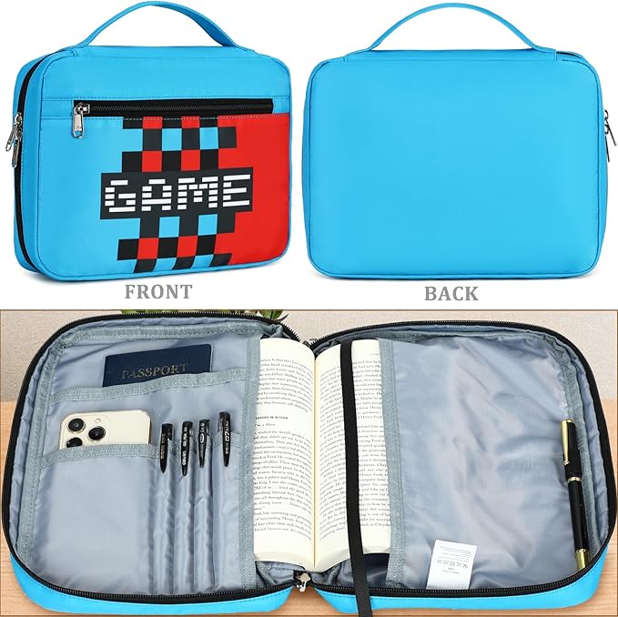 JIANYA Bible Cover for Boys Kids Bible Case Childrens Bible Bag with Handle and Zippered Pocket, Checkered Blue