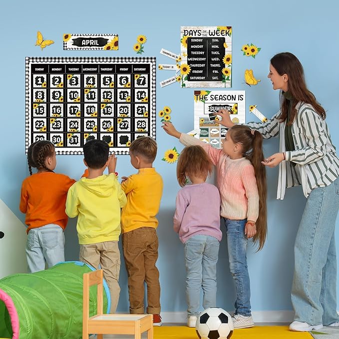 Sunflower Calendar Bulletin Board Set for Classroom Decoration Sunflower Calendar Seasons Weather Chart Summer Flower CTP Bulletin Board Paper-Cuts for Teachers Elementary School Classroom