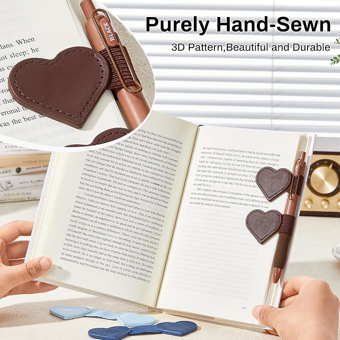2Pcs Magnetic Leather Bookmarks with Gift Box Heart-Shaped Magnetic Pen Holder Book Marks Clip Gift for Book Lover Readers Cute Bookmark for Women, Brown