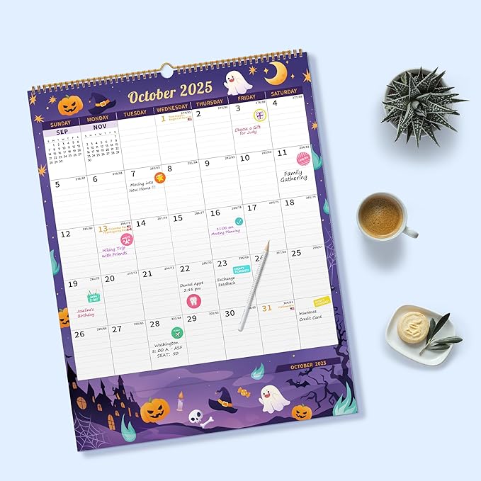 Ospelelf Wall Calendar 2025-2026 Monthly Large Planner with Storage Pocket Protective Cover and Sticker for Family Fridge Office Teacher Student 17" X 22" Season