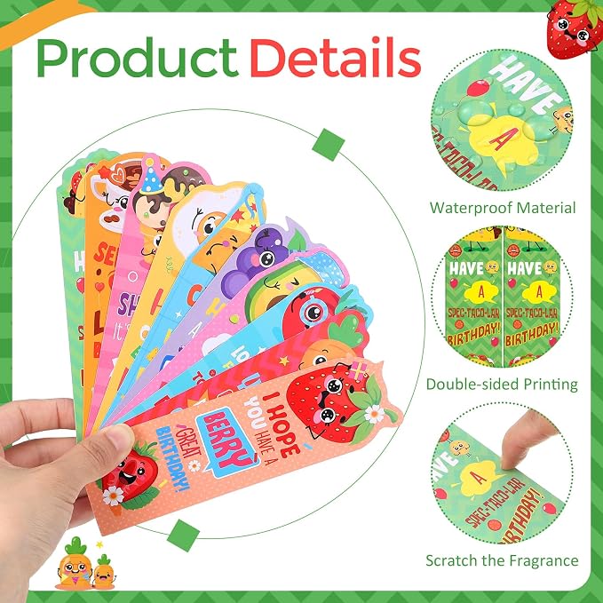 60 Pieces Happy Birthday Scented Bookmarks Fruit Food Themed Scented Birthday Bookmark Scratch and Sniff Bookmark with Funny Pun Sayings, Classroom Gifts for Kids Students Teacher Reward, 10 Styles