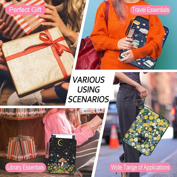 Book Sleeve Book Protector Pouch Case,Book Sleeve with Zipper,Book Sleeve Cover for Book Lovers Gifts,Flowers and leaves Printed Waterproof Book Club Gifts for Women Teacher Reader Librarian