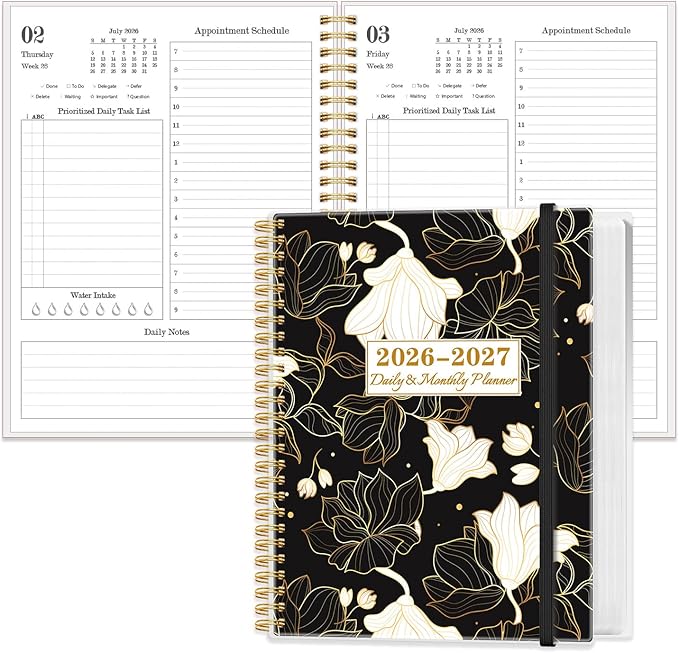 2026-2027 Daily & Monthly Planner Calendar - Daily Planner Calendar One Page Per Day from July 2026 to June 2027, Flexible Cover, 7" x 10", Storage Pocket, White Gold Flower