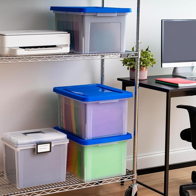 IRIS USA File Storage Box with Lid, Document Protection Box for Letter/Legal Files, Safety File Storage Container, Portable Stackable Filing Organizer, 35 Qt, 3 Pack, Clear/Blue