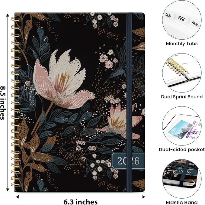2026 Planner, Weekly and Monthly Planner for Women, January 2026 - December 2026, Hardcover 2026 Calendar Planner Book with Tabs, Inner Pocket, Spiral Bound, Perfect for Office Home School Supplies - A5 (6.3" x 8.5"), Vintage Petals