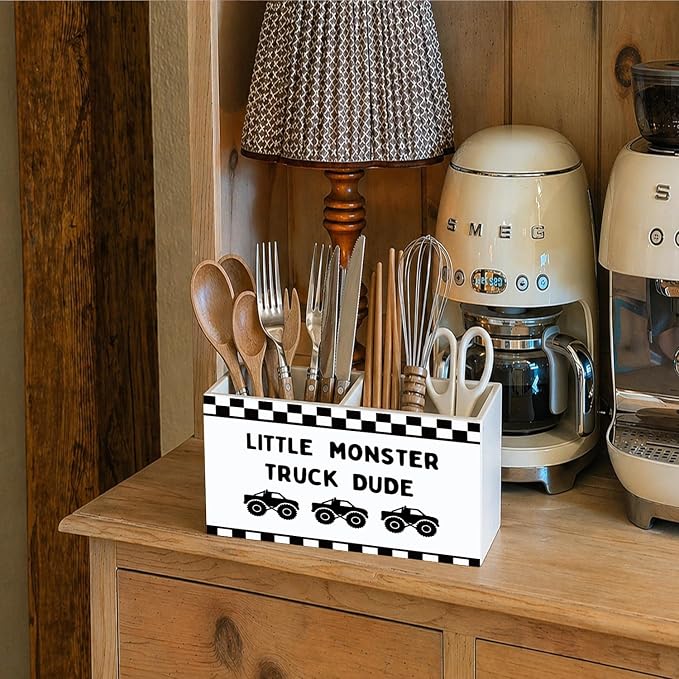 Car Kids Pen Pencil Holder for Desk, Race Car Room Decor, Monster Truck Black Checkered Wooden Box Sign Decorations for Kids Boy Nursery Room Bedroom Playroom Desk Tabletop