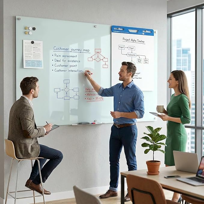 Large Glass Whiteboard, Enhanced Magnetism Glass Dry Erase Board for Wall, 72" x 48" Magnetic Tempered Glass Board, 6' x 4' Big White Board for Home, Office, School