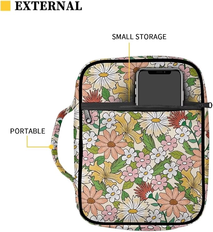 Coldinair Flower Bible Cover for Women Daisy Floral Book Case Tote Bags Hippie Floral Polyester Church Bible Protective with Handle and Zippered Pocket Carrying Book Case