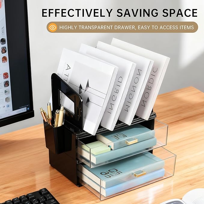 CiWiVOKi Desk Organizer with 4 File Holder Slots, 2 Clear Drawers & Dual Pen Holders, Sturdy Multi-Functional Desktop Storage for Home Office, Mail Sorter & Caddy, Black