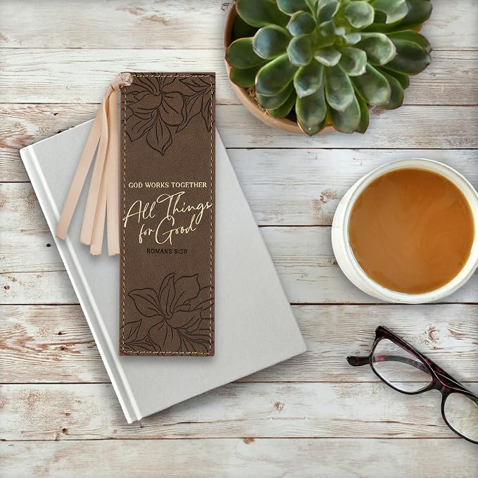 Christian Art Gifts Premium Vegan Leather Inspirational Scripture Bookmark for Women: All Things for Good Encouraging Bible Verse, Heat-Debossed Florals, Satin Ribbon for Books & Bibles, Brown & Gold