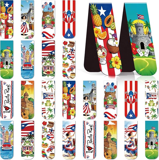 Wxiben Puerto Rico Magnetic Bookmarks - 48 Pcs Puerto Rican Travel Souvenirs Gifts Bookmark Flags Flower Frog Magnets Book Marks Page Clip Favors for Patriotic Latin American Spanish Party Supplies