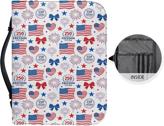 Bible Cover for Women, 250 Year American Flag Carrying Religious Scripture Organizer Bag Zipper and Pockets PU Leather Bible Holder Patriotism Gifts for Women