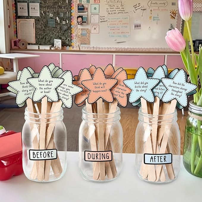 Eaasty 33 Pcs Classroom Management Supplies Bottle with Sticker Reading Comprehension Question Card Bulk Classroom Reading Tool Elementary Kindergarten Decoration Before During After Teacher Essential