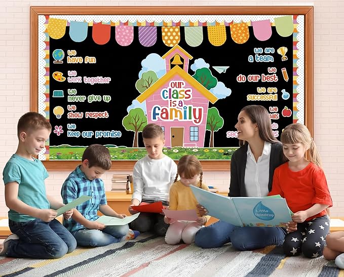 Our Class is A Family Motivational Bulletin Board Set – Colorful Positive Affirmation Classroom Decor – Inspirational Quote Paper Cutouts for Back to School, Nursery, Chalkboard & Wall Supplies