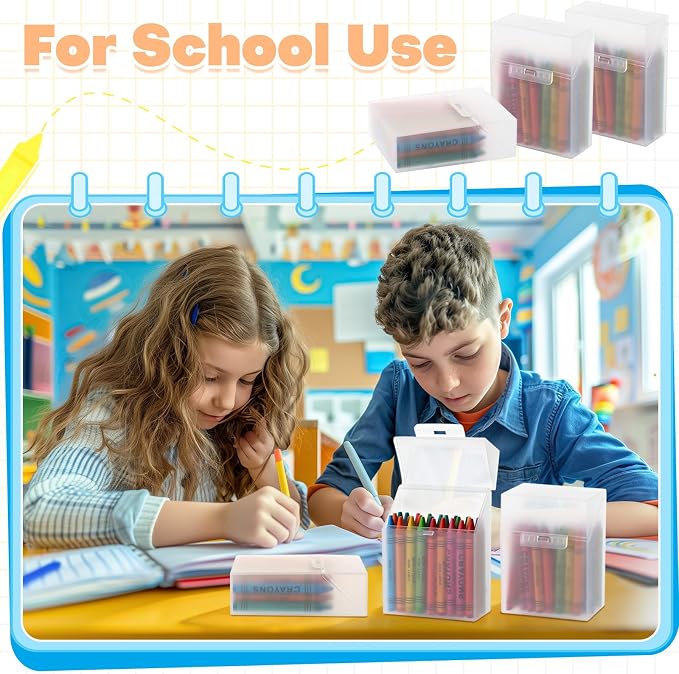 gisgfim 6 Pcs Plastic Clear Crayon Box Bulk Crayon Storage Organizer Stackable Holds 24 Crayons Boxes With Hinged Lid and Snap Closure for Pens School Office Supplies Organization