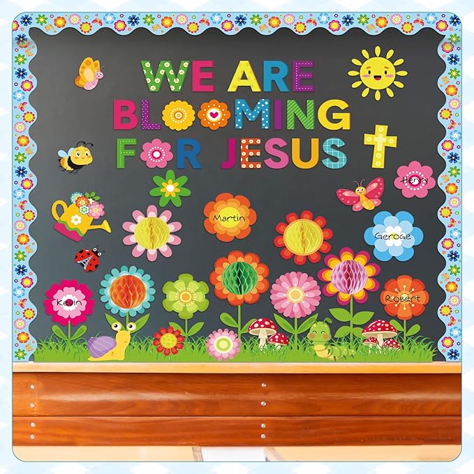 Pajean Spring Christian Bulletin Board Sets Classroom Decor, We are Blooming for Jesus Religious Cutouts 3D Flower Honeycomb Cross Borders, Sunday School Church Wall Door Decoration Office Supplies