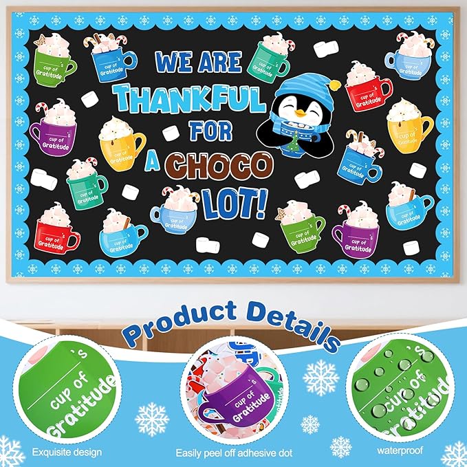 Funrous 51 Pcs Winter Bulletin Board Set Classroom Decor Winter Bulletin Boards We are Thankful for a Chocolate Lot Penguin Latte Paper Cutouts for Christmas Holiday School Classroom Home Wall Decor
