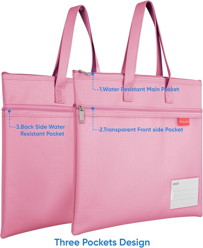 Wisdompro Waterproof Zipper Pouch, Large Mesh File Bag with Handle, Durable Triple Pocket Document Storage for Cross Stitch, Puzzle Project, Travel and Office - Pink