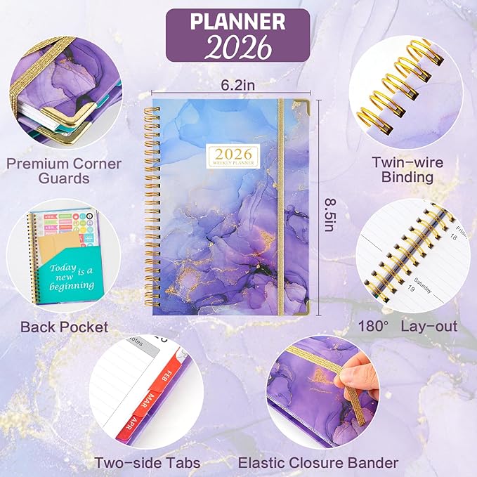 2026 Planner, Daily Weekly Monthly Planner with Tabs, 2026 monthly planner with Color Pen, Sticky Notes and Stickers, 6.2" x 8.5", Durable Twin Wire Binding, Storage Pocket - Purple Marble